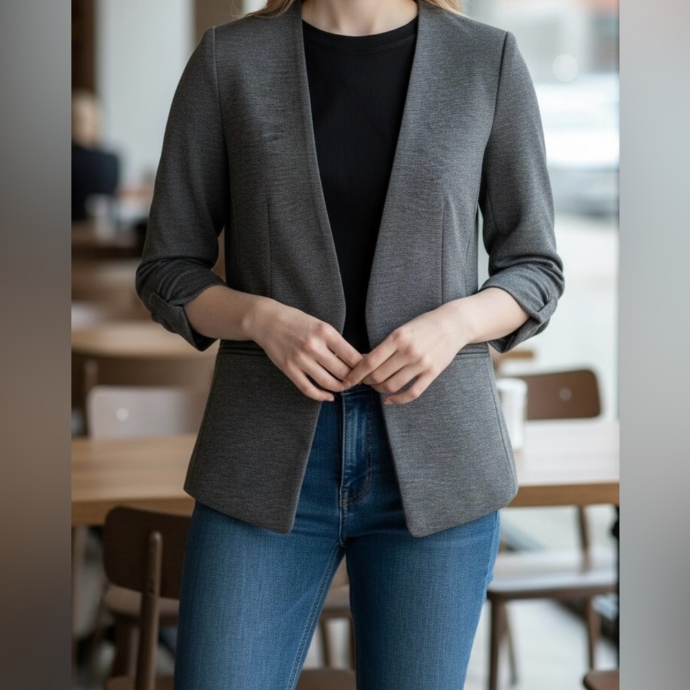 Ricki’s Knit Blazer Open Front Ruched Sleeves Gray Women’s Small Business Casual